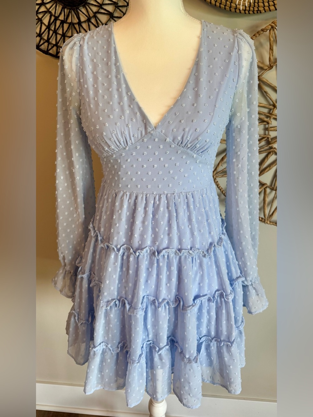Altar'd State Light Blue Swiss Dot Tiered V-Neck Dress Size XS